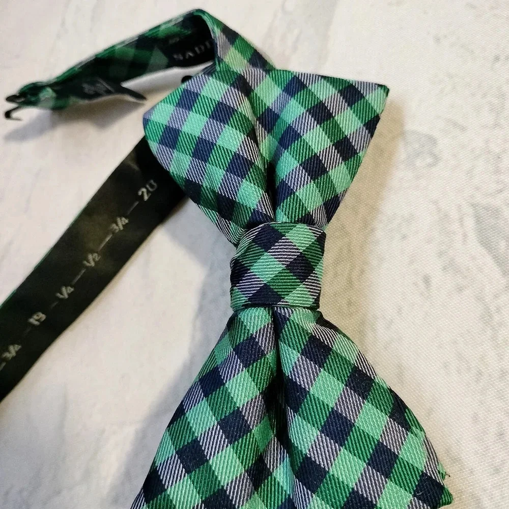 Saddlebred Silk Blend Bowtie Blue Green Teal Checks Plaid Adjustable Classic B